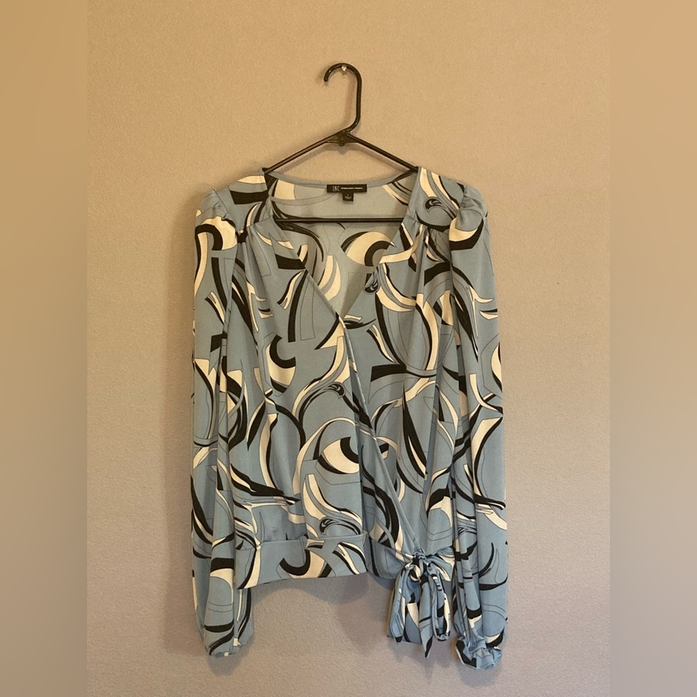INC blue geometric blouse with tie. Gorgeous!